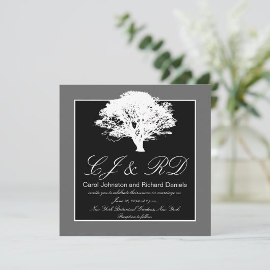 Black Gray Monograms Wedding Invitting Tree Kaart (Staand voorkant)