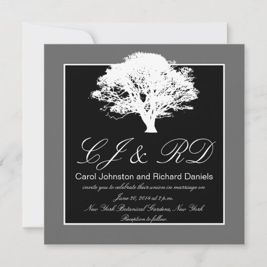 Black Gray Monograms Wedding Invitting Tree Kaart (Voorkant)