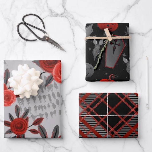 BLACK GRAY RED HALLOWEEN GIRLS FLOWERS COFFINS INPAKPAPIER VEL (Voorkant)