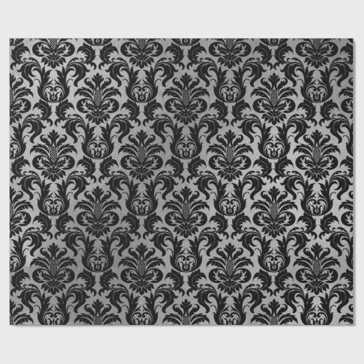 Black Gray Silver Crystal Metallic Damask Cadeaupapier (Vlak)