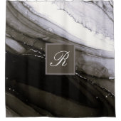 Black Gray Silver Marble Charcoal Monogram Douchegordijn (Voorkant)