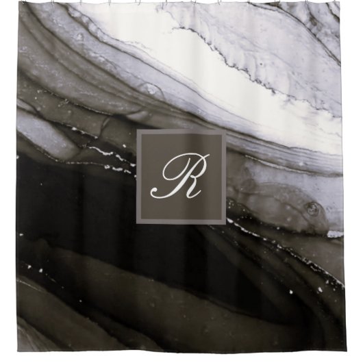 Black Gray Silver Marble  Charcoal Monogram Douchegordijn (Voorkant)