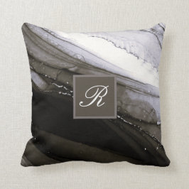 Black Gray Silver Marble  Charcoal Monogram Kussen