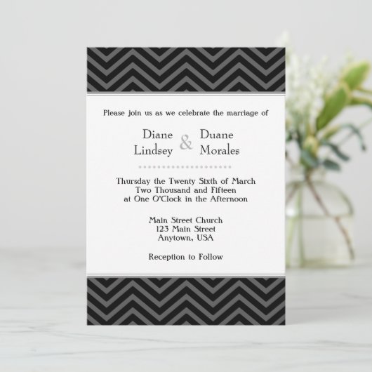 Black Gray White Chevron Wedding Invitations Kaart (Staand voorkant)