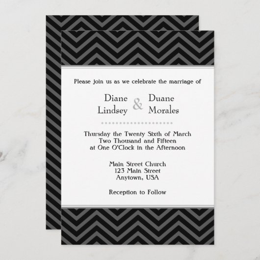 Black Gray White Chevron Wedding Invitations Kaart (Voorkant / Achterkant)