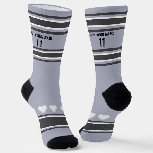 Black, gray, white- Name Number heart Socks Sokken (Gebogen)