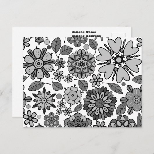 Black Gray White Retro Floral Art Seamless Pattern Briefkaart (Voorkant / Achterkant)