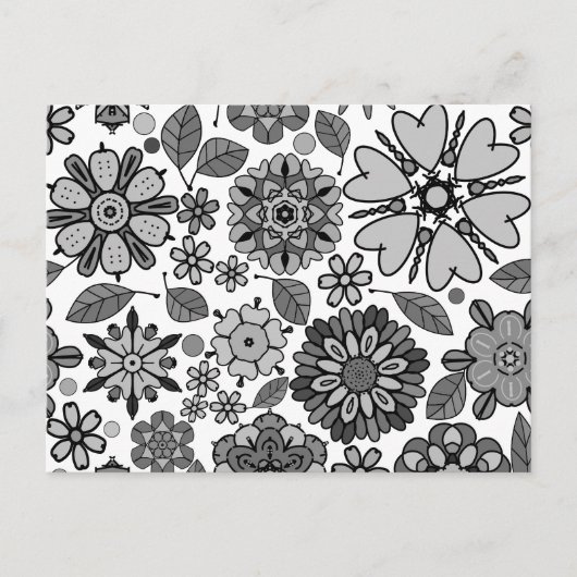 Black Gray White Retro Floral Art Seamless Pattern Briefkaart (Voorkant)