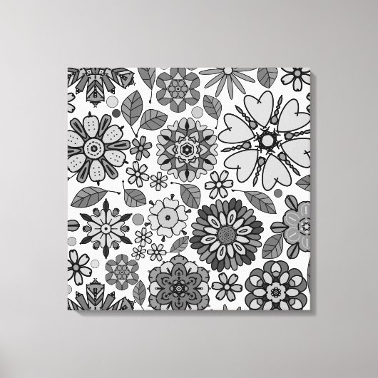 Black Gray White Retro Floral Art Seamless Pattern Canvas Afdruk (Voorkant)