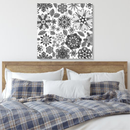 Black Gray White Retro Floral Art Seamless Pattern Canvas Afdruk