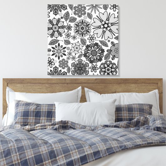 Black Gray White Retro Floral Art Seamless Pattern Canvas Afdruk (Insitu (Slaapkamer))