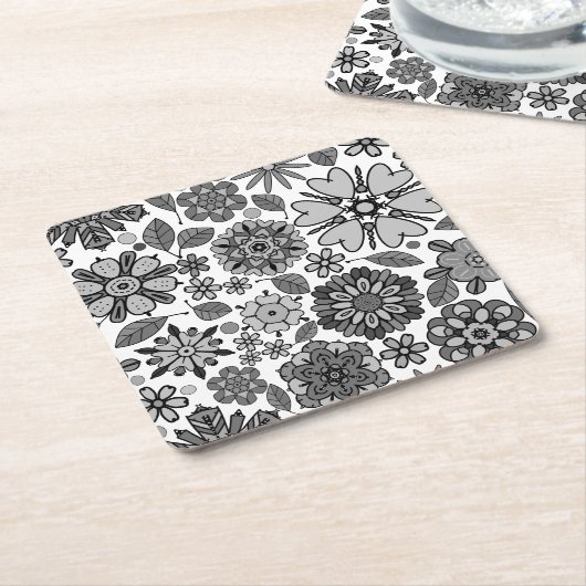 Black Gray White Retro Floral Art Seamless Pattern Kartonnen Onderzetters (Schuin)