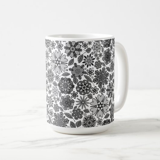 Black Gray White Retro Floral Art Seamless Pattern Koffiemok (Voorkant rechts)