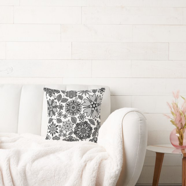 Black Gray White Retro Floral Art Seamless Pattern Kussen (Bank)