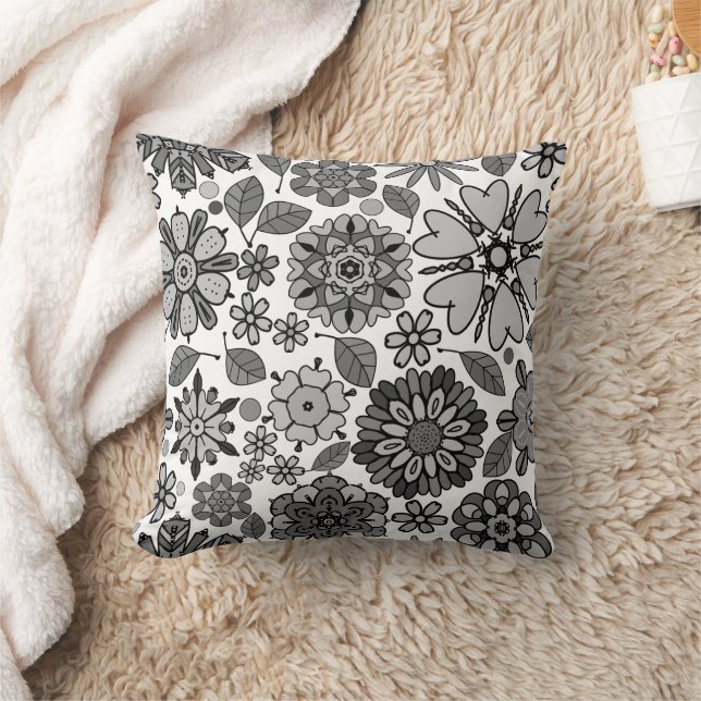 Black Gray White Retro Floral Art Seamless Pattern Kussen (Deken)