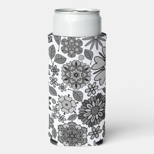 Black Gray White Retro Floral Art Seamless Pattern Seltzer Blikjeskoeler (Seltzer Voorkant)