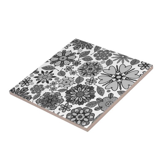 Black Gray White Retro Floral Art Seamless Pattern Tegeltje (Zijkant)