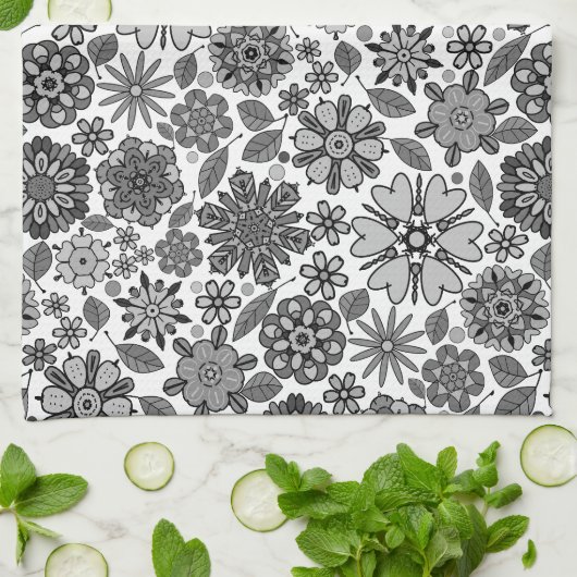 Black Gray White Retro Floral Art Seamless Pattern Theedoek (Gevouwen)