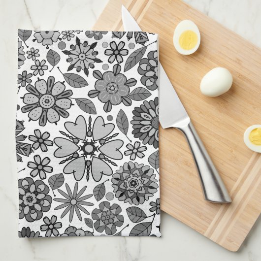 Black Gray White Retro Floral Art Seamless Pattern Theedoek (Quarter Fold)