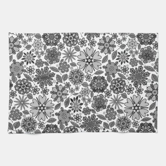 Black Gray White Retro Floral Art Seamless Pattern Theedoek (Horizontaal)