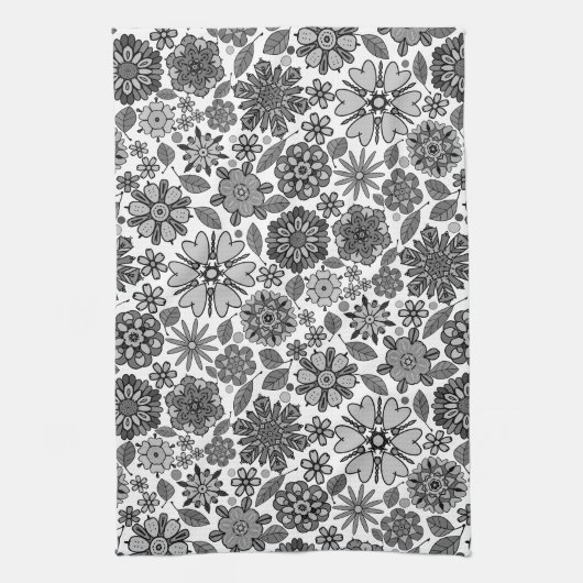 Black Gray White Retro Floral Art Seamless Pattern Theedoek (Verticaal)