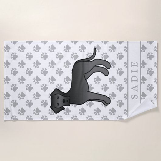 Black Great Dane Cute Cartoon Dog & Name Strandlaken (Voorkant)