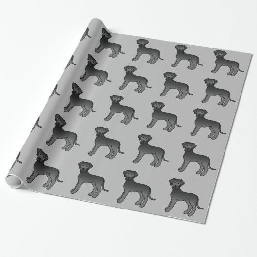 Black Great Dane Dog Pattern op grijs Cadeaupapier (Uitgerold)