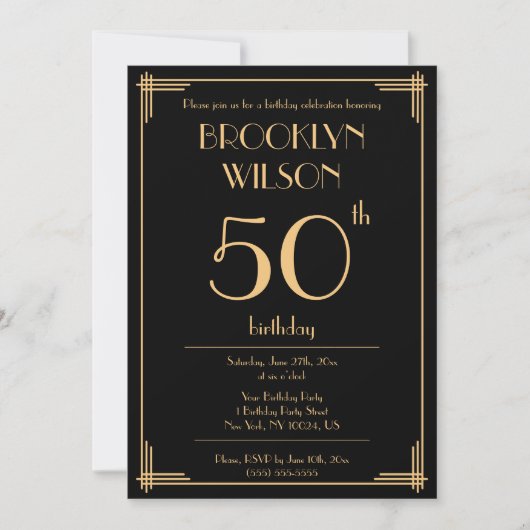 Black Great Gatsby Art Deco Birthday Party nodigt Kaart (Voorkant)
