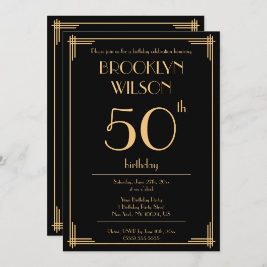 Black Great Gatsby Art Deco Birthday Party nodigt Kaart (Voorkant / Achterkant)