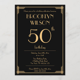 Black Great Gatsby Art Deco Birthday Party nodigt  Kaart