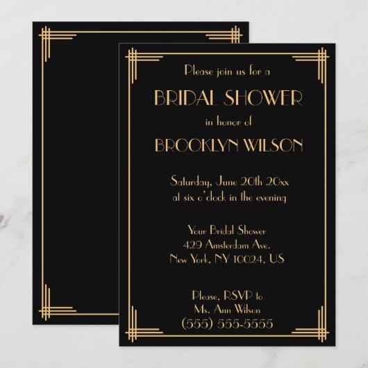 Black Great Gatsby Art Deco Vrijgezellenfeest Invi Kaart (Voorkant / Achterkant)