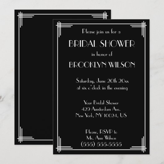 Black Great Gatsby Art Deco Vrijgezellenfeest Invi Kaart (Voorkant / Achterkant)