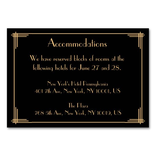 Black Great Gatsby Art Deco Wedding Accommodations Kaart (Voorkant)