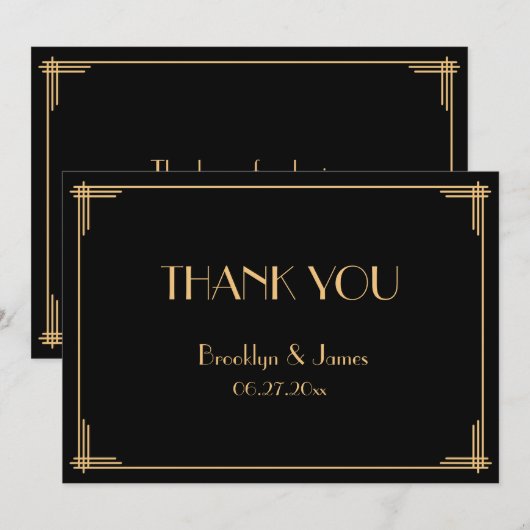 Black Great Gatsby Art Deco Wedding Hartelijk dank Bedankkaart (Voorkant / Achterkant)