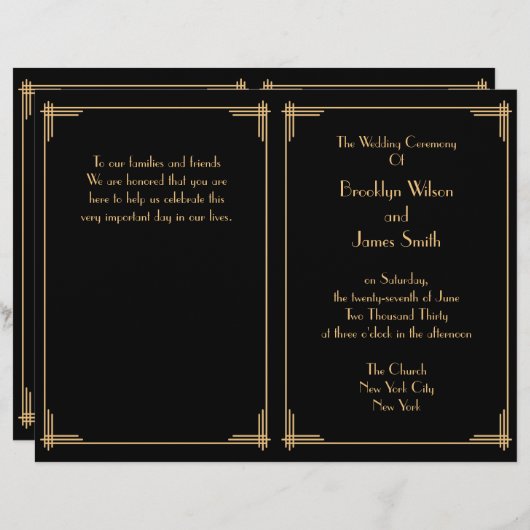 Black Great Gatsby Art Deco Wedding Programme (Voorkant / Achterkant)