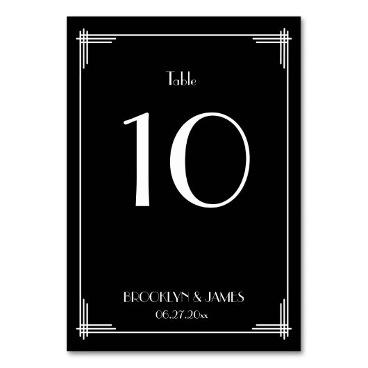 Black Great Gatsby Art Deco Wedding Table Numbers Kaart (Voorkant)