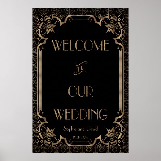 Black Great Gatsby Art Deco Wedding Welcome Sign Poster (Voorkant)