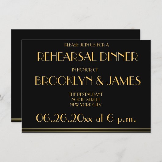 Black Great Gatsby Wedding Rehearsal Uitnodigingen (Voorkant / Achterkant)