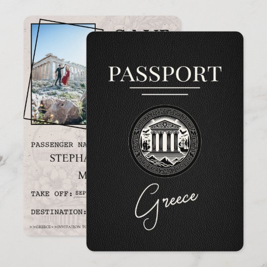 Black Greece Passport Save the Date Kaart (Voorkant / Achterkant)