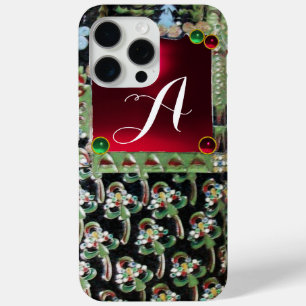 BLACK GREEN ART NOUVEAU GEMSTONE MONOGRAM, Red Rub iPhone 15 Pro Max Hoesje