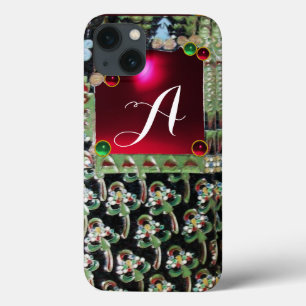 BLACK GREEN ART NOUVEAU GEMSTONE MONOGRAM, Red Rub iPhone 13 Hoesje