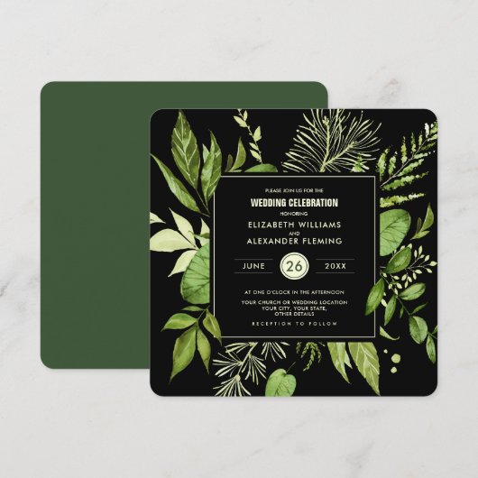 Black Green Botanical Waterverf Wedding Kaart (Voorkant / Achterkant)