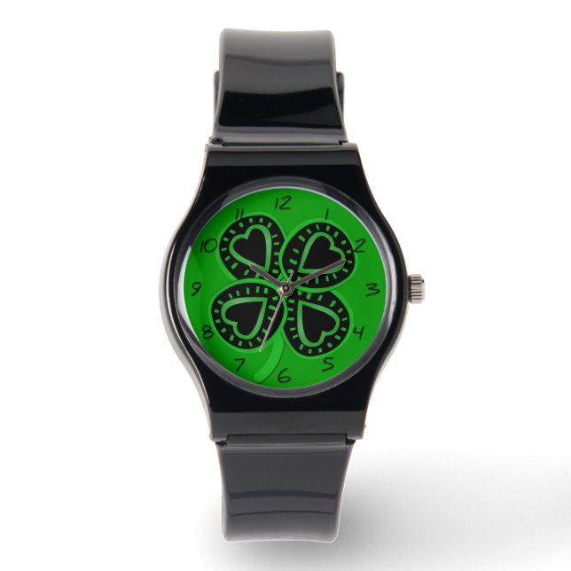 Black Green Clover met Heart B St Patrick's Watch Horloge (Voorkant)