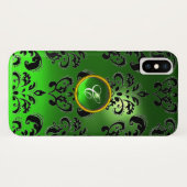 BLACK GREEN DAMASK EMERALD GEM MONOGRAM Case-Mate iPhone CASE (Achterkant (horizontaal))