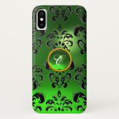 BLACK GREEN DAMASK EMERALD GEM MONOGRAM Case-Mate iPhone CASE (Achterkant)