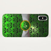 BLACK GREEN DAMASK GEM ONOGRAM white ribbon Case-Mate iPhone Case (Achterkant (horizontaal))