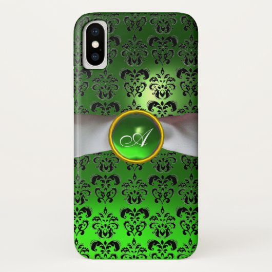 BLACK GREEN DAMASK GEM ONOGRAM white ribbon Case-Mate iPhone Case (Achterkant)