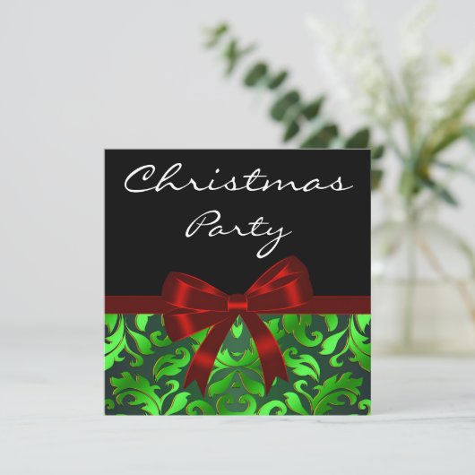 Black Green Damask Red Bow kerstfeest Kaart (Staand voorkant)