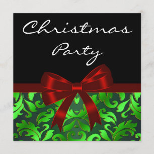 Black Green Damask Red Bow kerstparty Kaart
