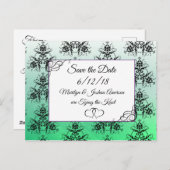 Black Green Damask Wedding Save the Date Briefkaar Briefkaart (Voorkant / Achterkant)